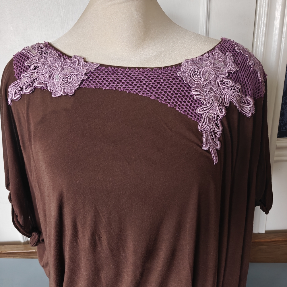 Free People Brown Top with Purple Lace Detail